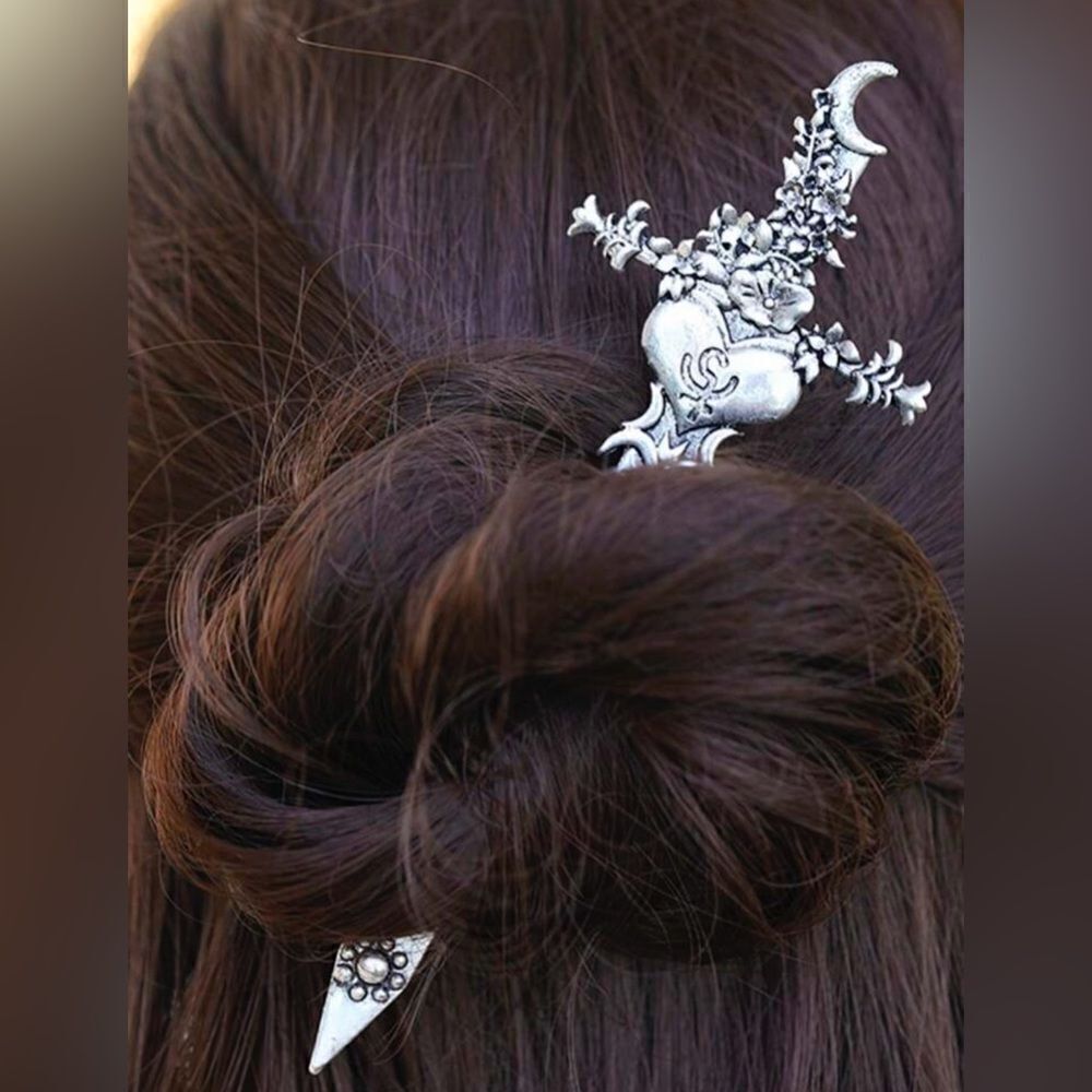 Gothic Vintage Inspired Sword, Engraved Detailing, Silver Tone, Moon Tip